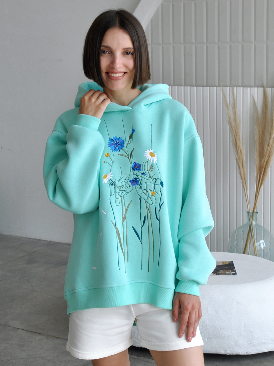 Худи оверсайз мятное с вышивкой "Полевые цветы"