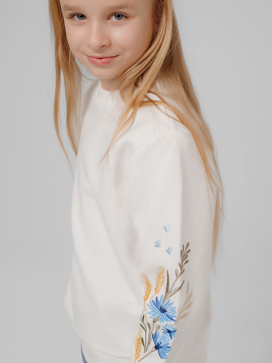 Подростковый молочный свитшот с вышивкой "Валошкі ў каласах"