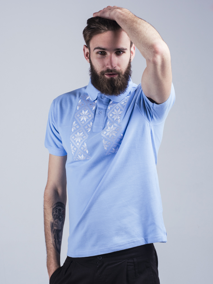 Футболка-поло мужская голубая с белой вышивкой "Васьмірог"