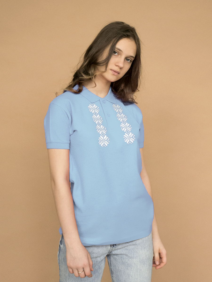 Детская футболка-поло голубая с белой вышивкой "Хараство"