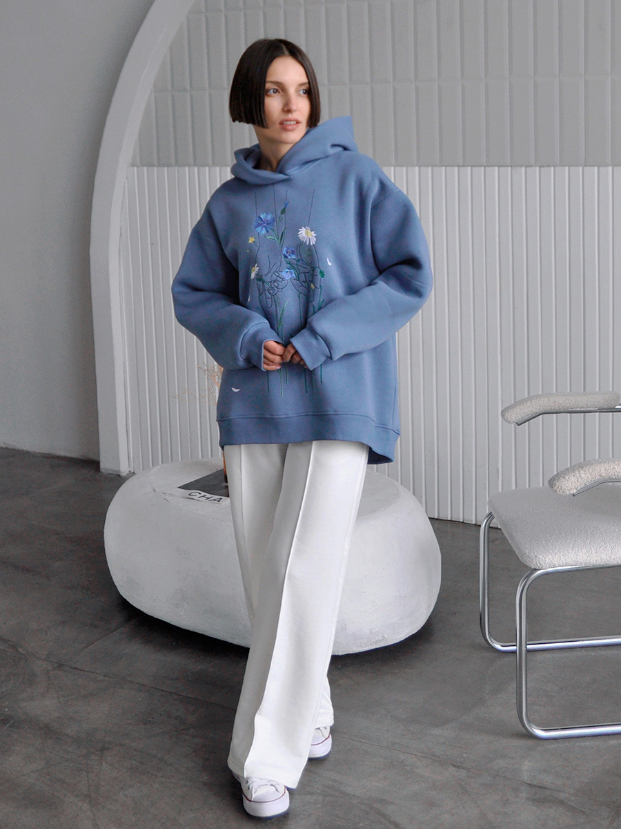 Худи оверсайз джинсового цвета с вышивкой "Полевые цветы"