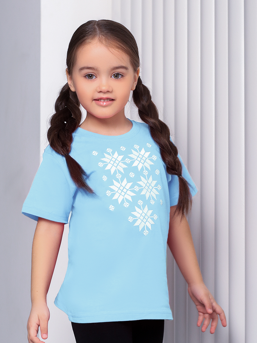 Детская футболка голубая с белой вышивкой "Жыццё"