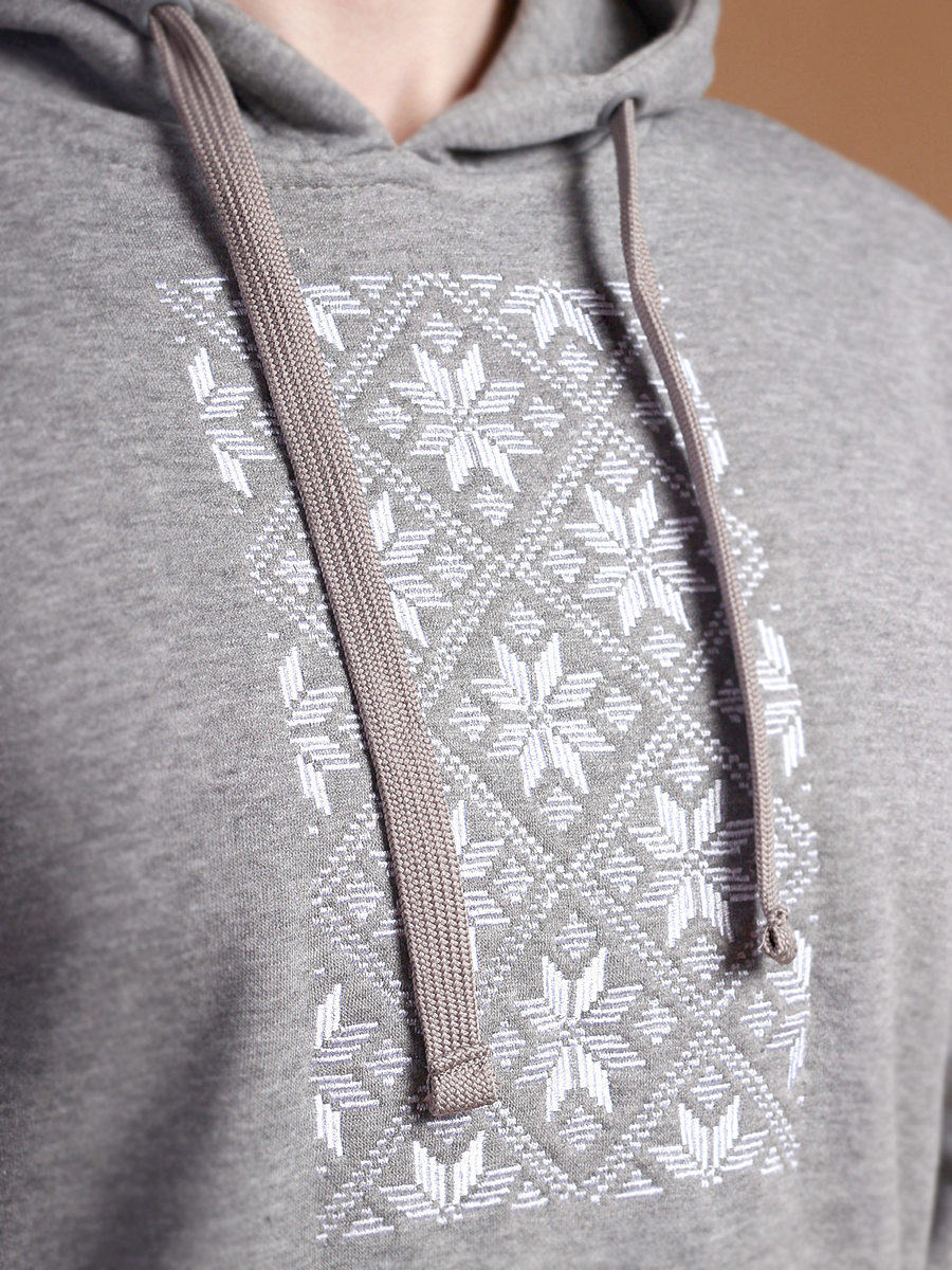 Худи мужское серое с белой вышивкой "Васьмірог"