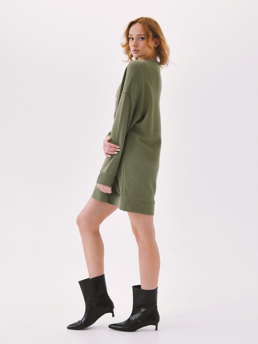 Платье цвета хаки с вышивкой "Танец листвы"