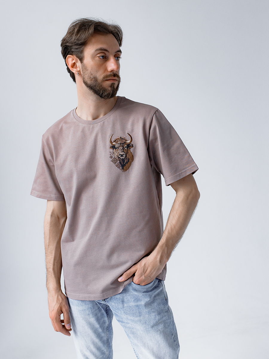 Капучино футболка мужская плотная с вышивкой "Бизон"
