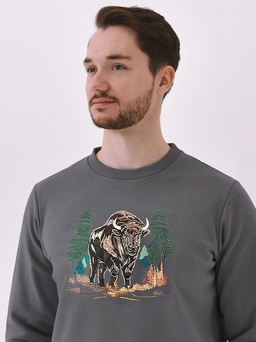 Свитшот мужской графитовый с вышивкой "Зубр" 