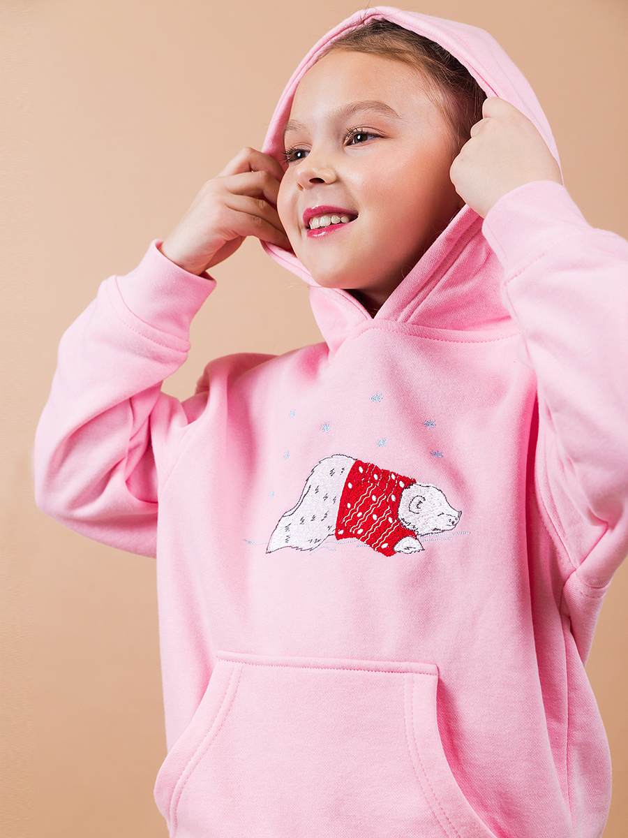 Детское розовое худи с вышивкой "Северный Мишка" 