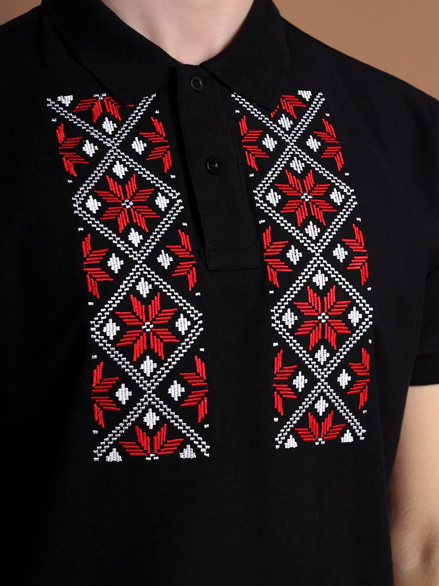 Футболка-поло мужская черная с красно-белой вышивкой "Васьмiрог"