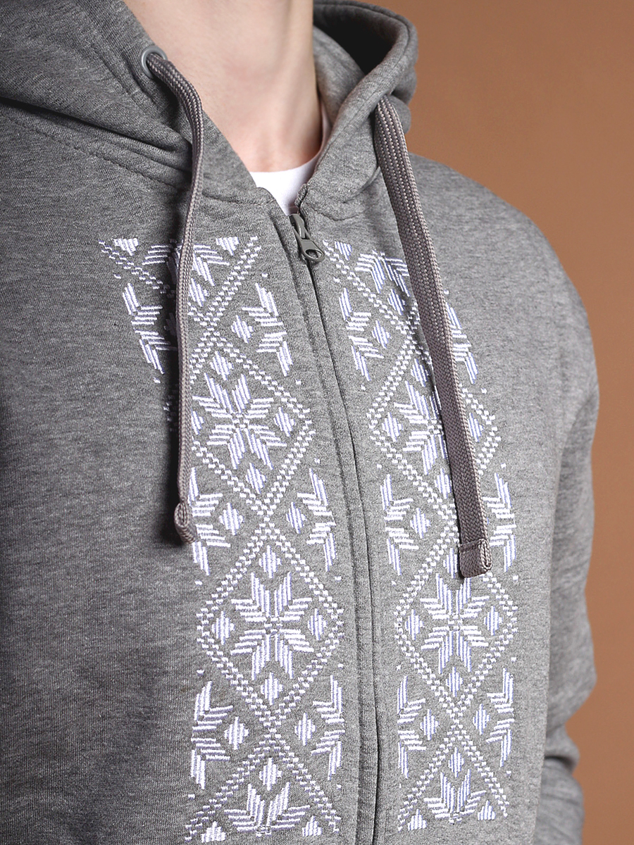 Худи мужское на молнии серое с белой вышивкой "Васьмірог"