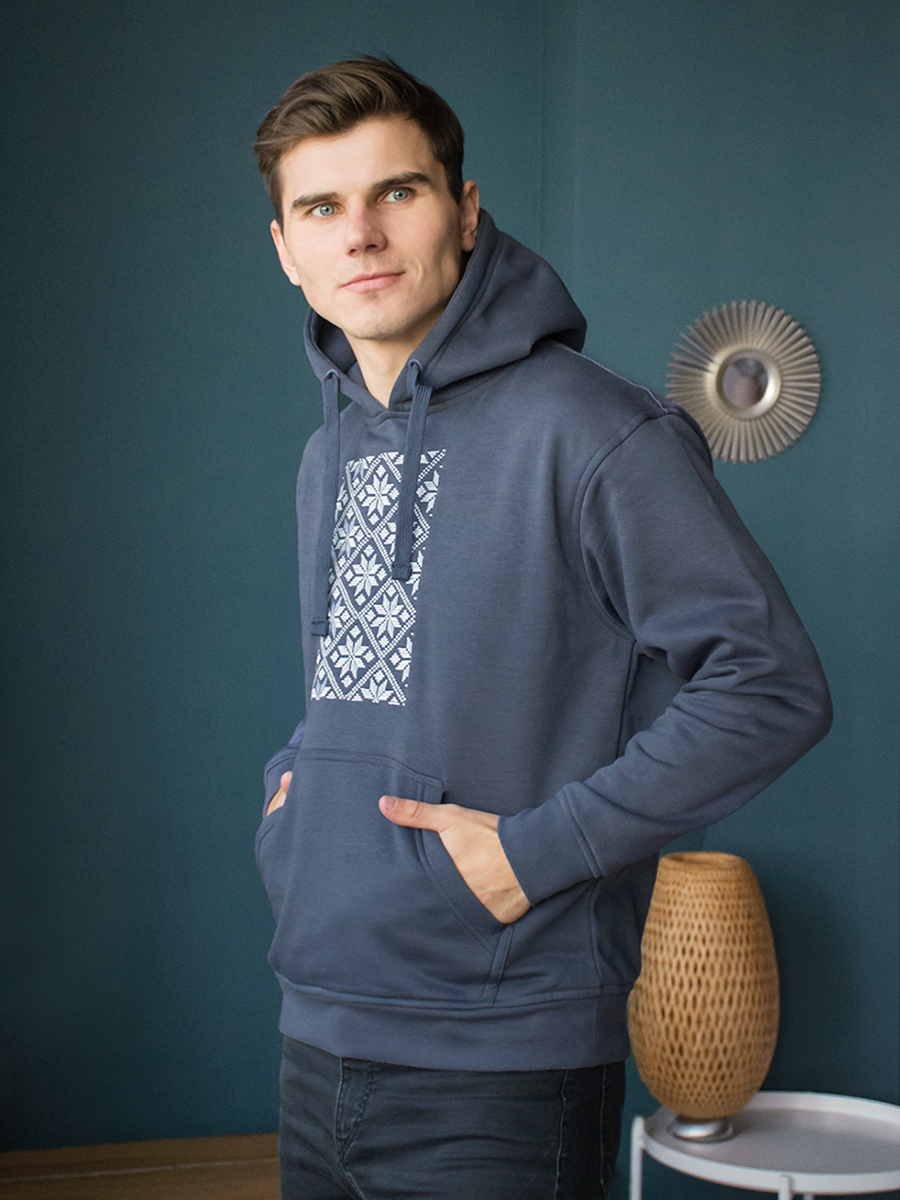 Худи мужское цвета деним с белой  вышивкой "Васьмірог"