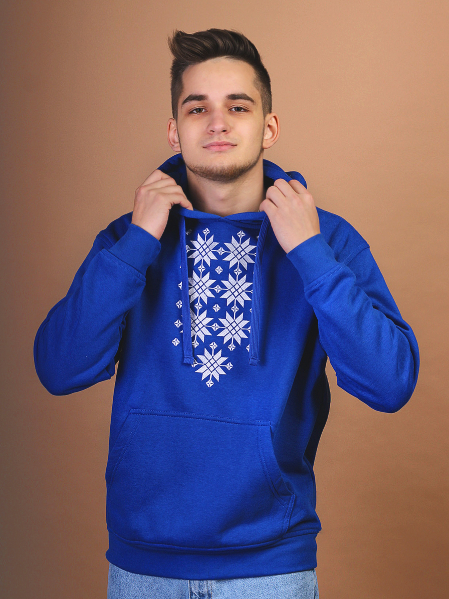 Худи мужское васильковое с белой вышивкой "Жыцце"