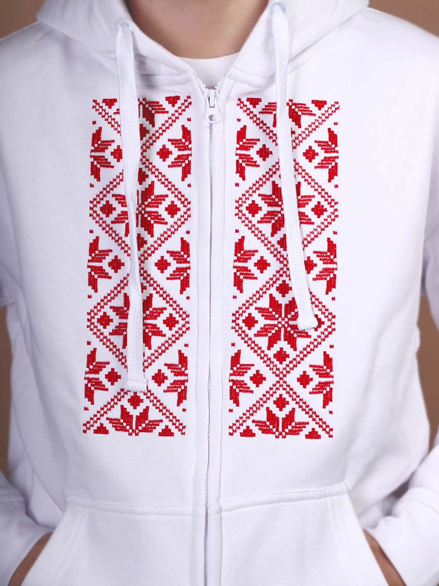 Худи мужское на молнии белое с красной вышивкой "Васьмірог"