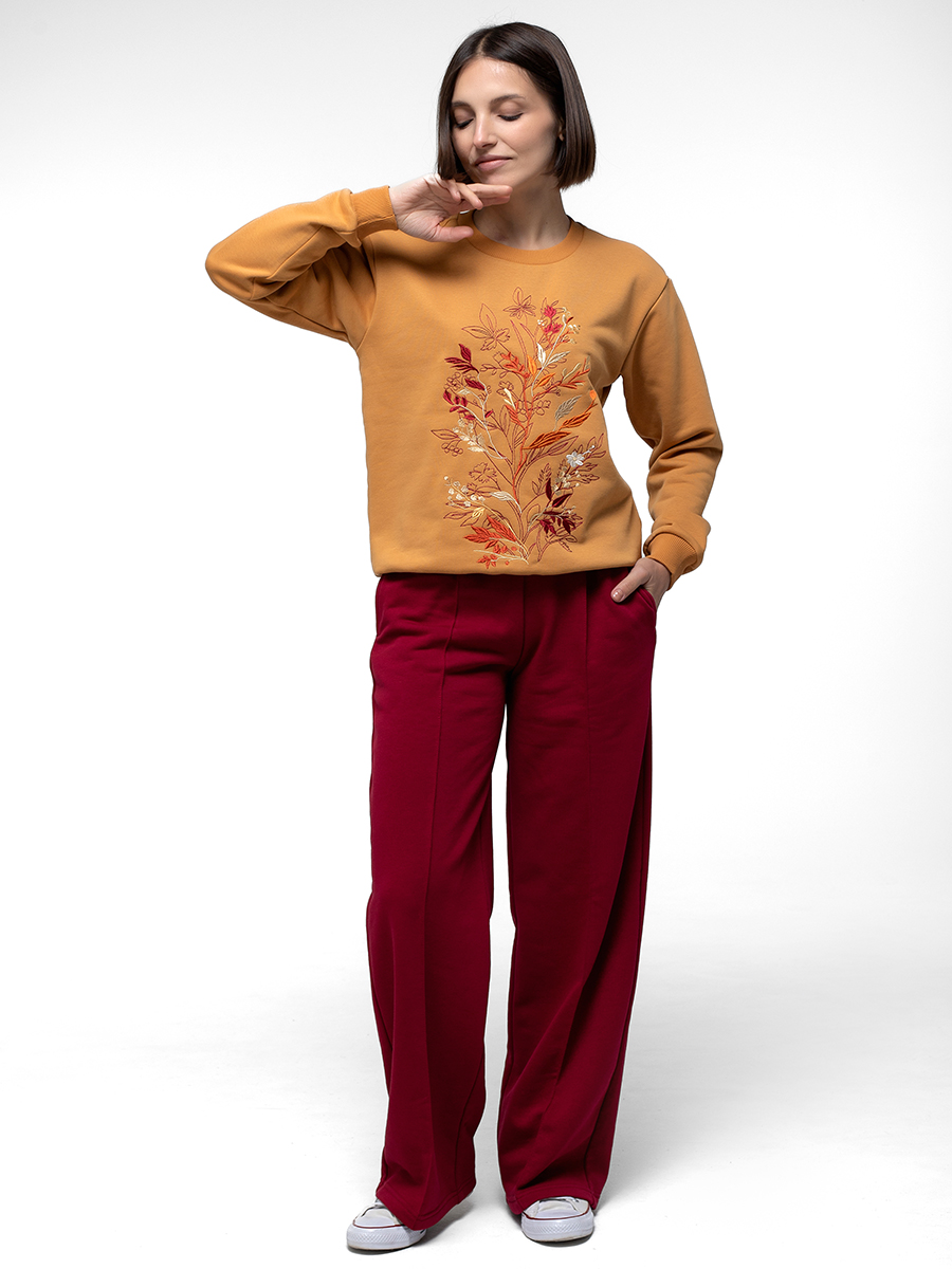Свитшот женский горчичный с вышивкой "Осенний джаз"