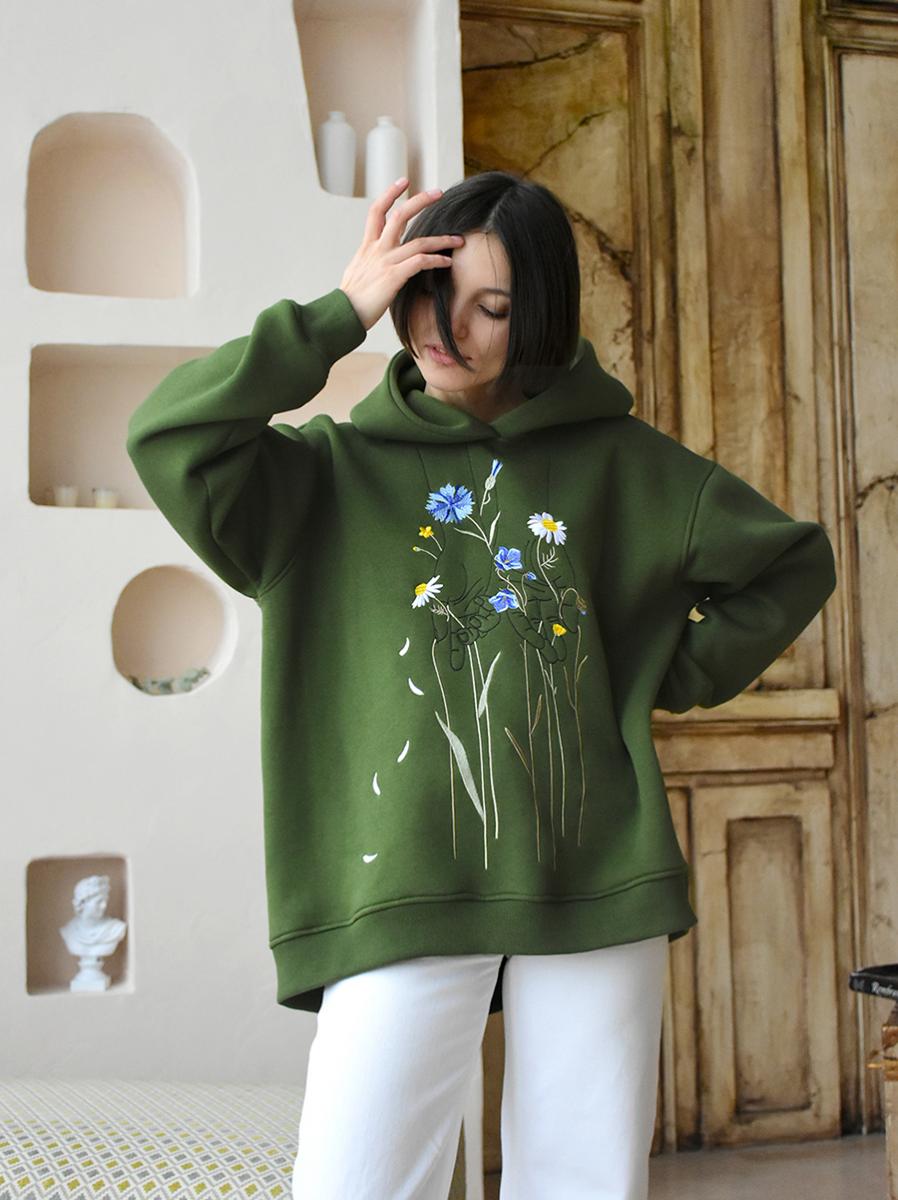 Худи оверсайз темно-зеленое с вышивкой "Полевые цветы"