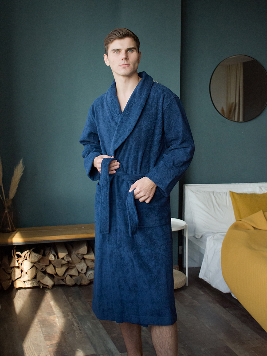 Темно-синий халат мужской с вышивкой "Любимый муж"