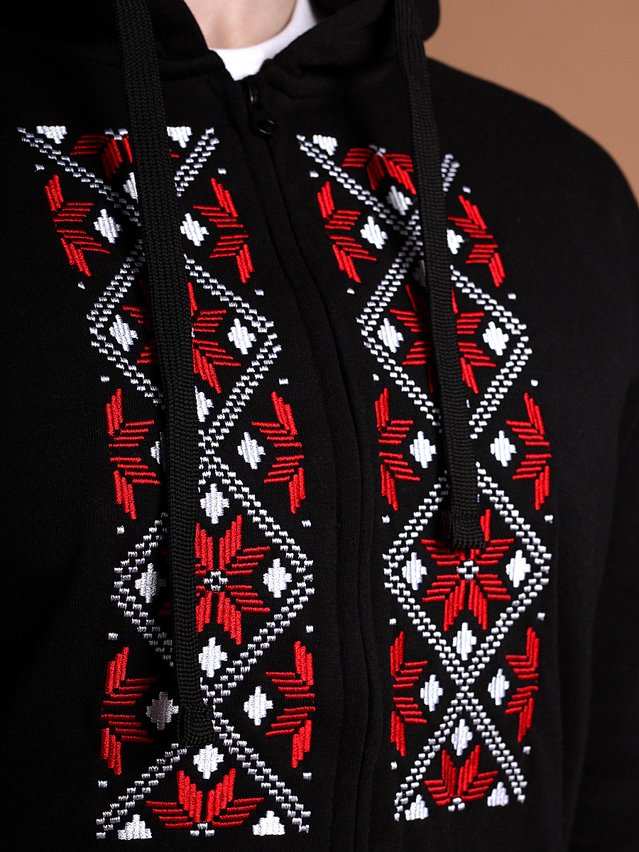 Худи мужское на молнии черное с красно-белой вышивкой "Васьмірог"