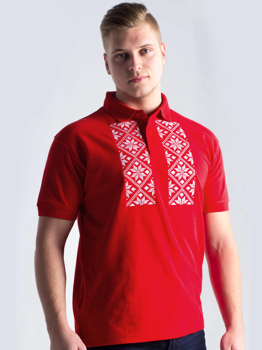 Футболка-поло мужская красная с белой вышивкой "Васьмірог"