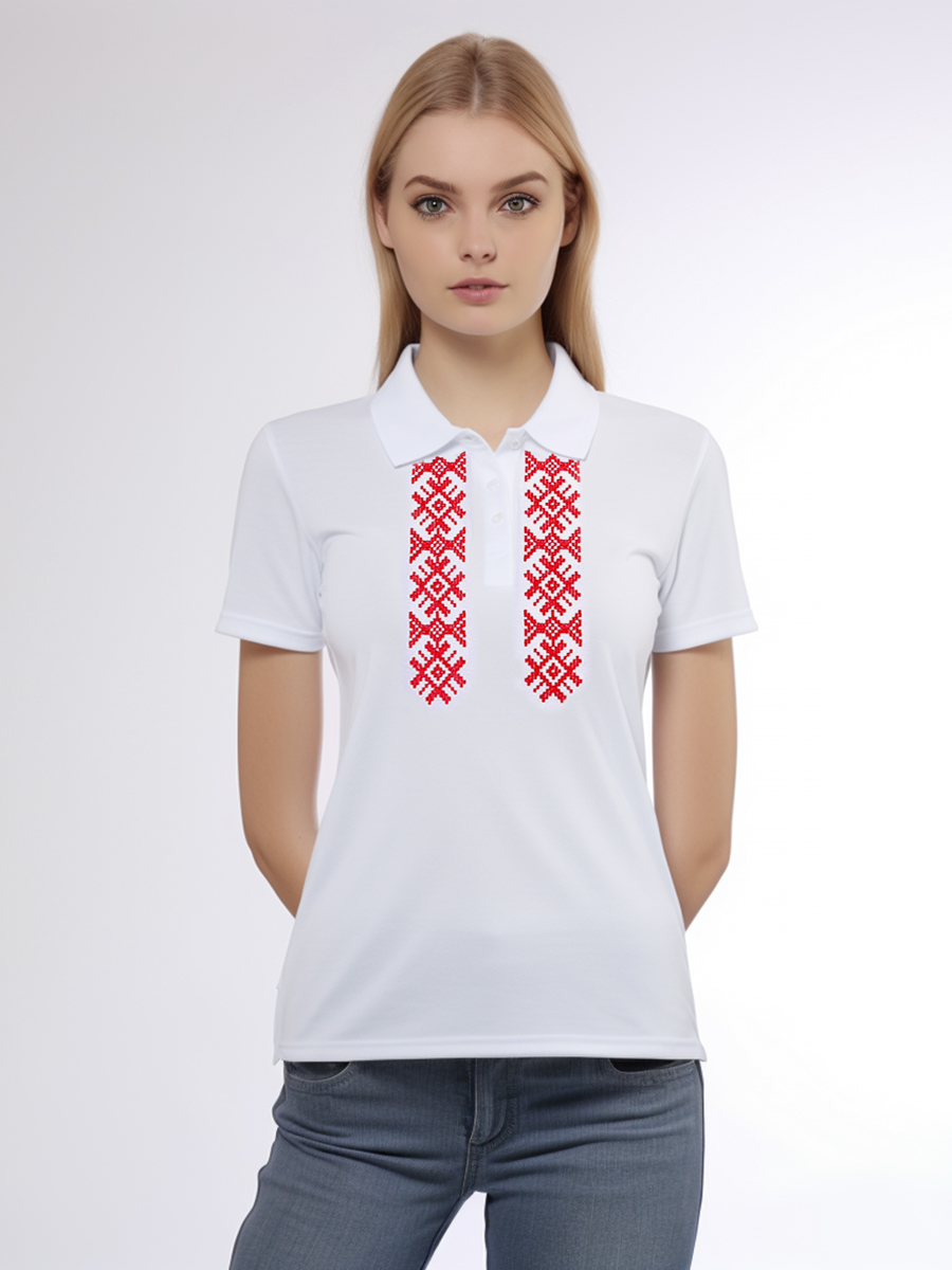 Женская футболка-поло белая с красной вышивкой "Сонца"
