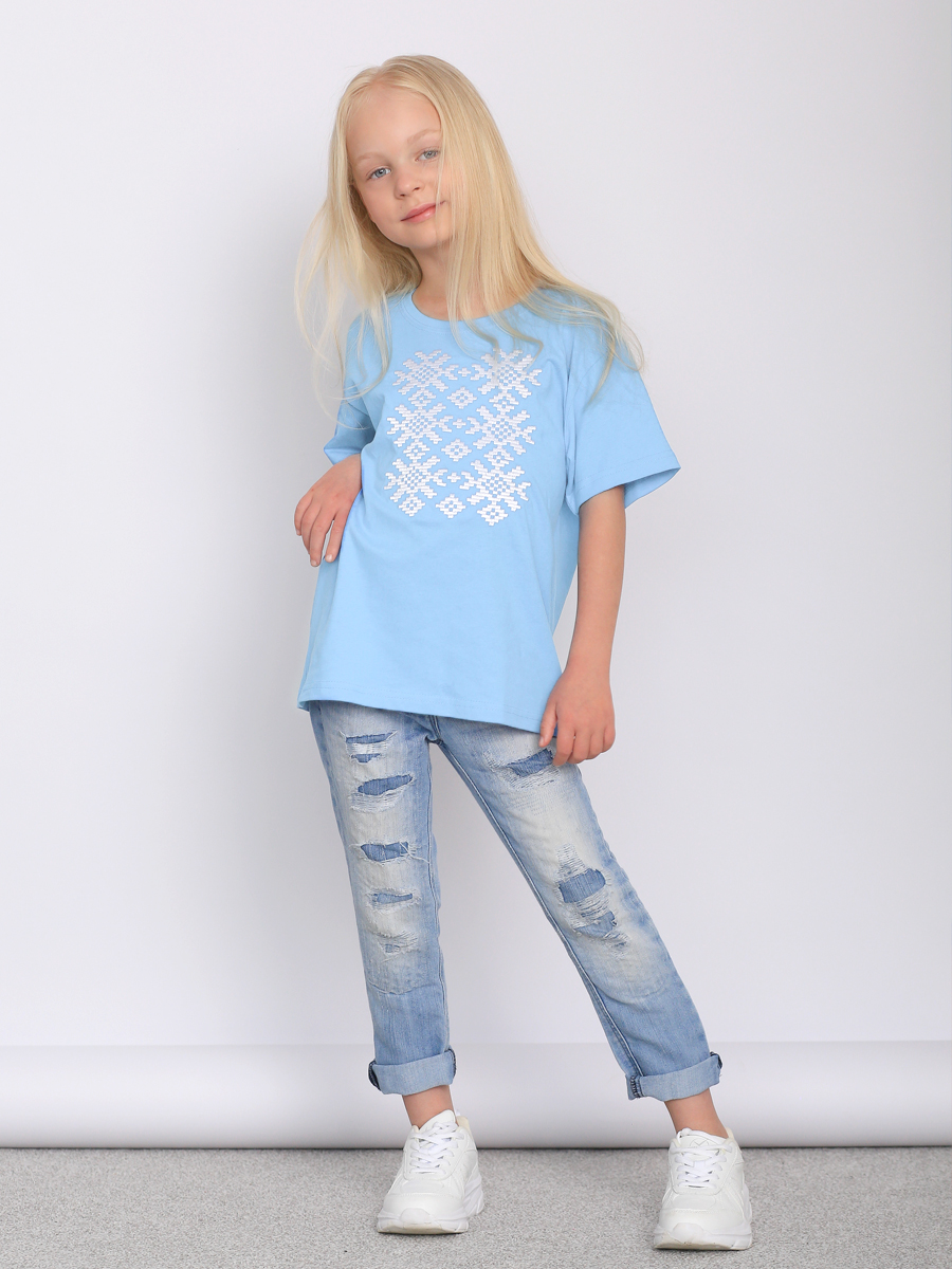 Детская футболка голубая с белой вышивкой "Ярыла" 