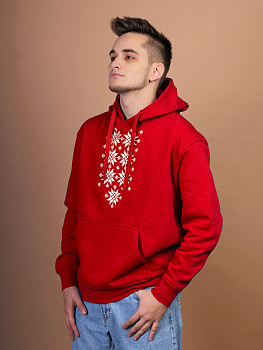 Худи мужское красное с белой вышивкой "Жыццё"