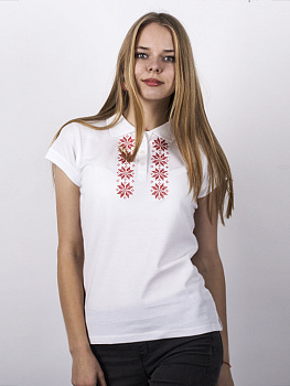Женская футболка-поло белая с красной вышивкой "Вясна"