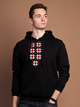 Худи мужское черное с красно-белой вышивкой "Жыцце" 