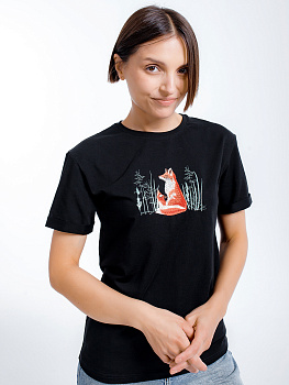 Женская футболка черная оверсайз с вышивкой "Лисички"