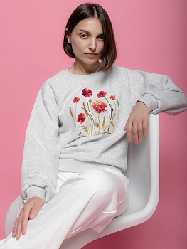 Женский свитшот реглан светло-серый с вышивкой "Маков цвет"