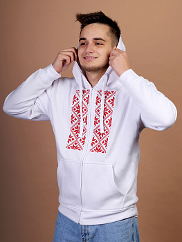 Худи мужское на молнии белое с красной вышивкой "Васьмірог"