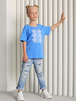 Детская футболка азур с белой вышивкой "Ярыла" 