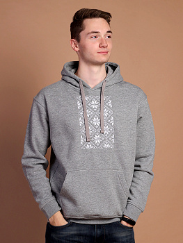 Худи мужское серое с белой вышивкой "Васьмірог"