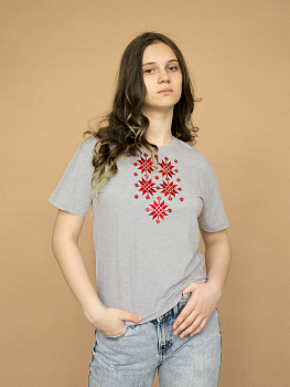 Детская футболка серая с красной вышивкой "Жыццё"