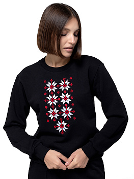 Свитшот женский черный прямого кроя с красно-белой вышивкой "Жыццё" 