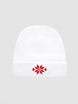 Белая шапка с отворотом с красной вышивкой "Васьмiрог"
