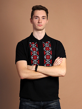 Футболка-поло мужская черная с красно-белой вышивкой "Васьмiрог"