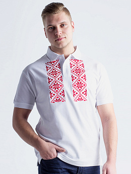 Футболка-поло мужская белая с красной вышивкой "Васьмiрог" 