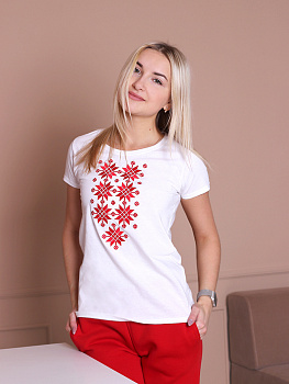 Женская футболка белая с красной вышивкой "Жыццё" 