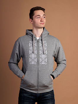 Худи мужское на молнии серое с белой вышивкой "Васьмірог"