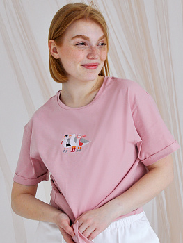 Женская футболка цвета пыльная роза оверсайз с вышивкой "3 чайки"