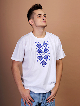 Мужская футболка белая с синей вышивкой "Жыццё" 