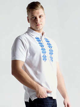 Футболка-поло мужская белая с синей вышивкой "Хараство"