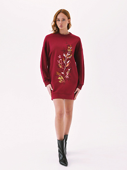 Платье винное с вышивкой "Танец листвы"