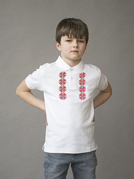 Детская футболка-поло белая с красной вышивкой "Хараство"
