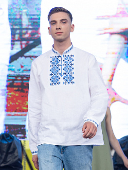Рубаха мужская белая с голубой вышивкой "Орнамент"