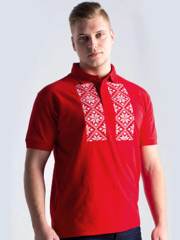 Футболка-поло мужская красная с белой вышивкой "Васьмірог"